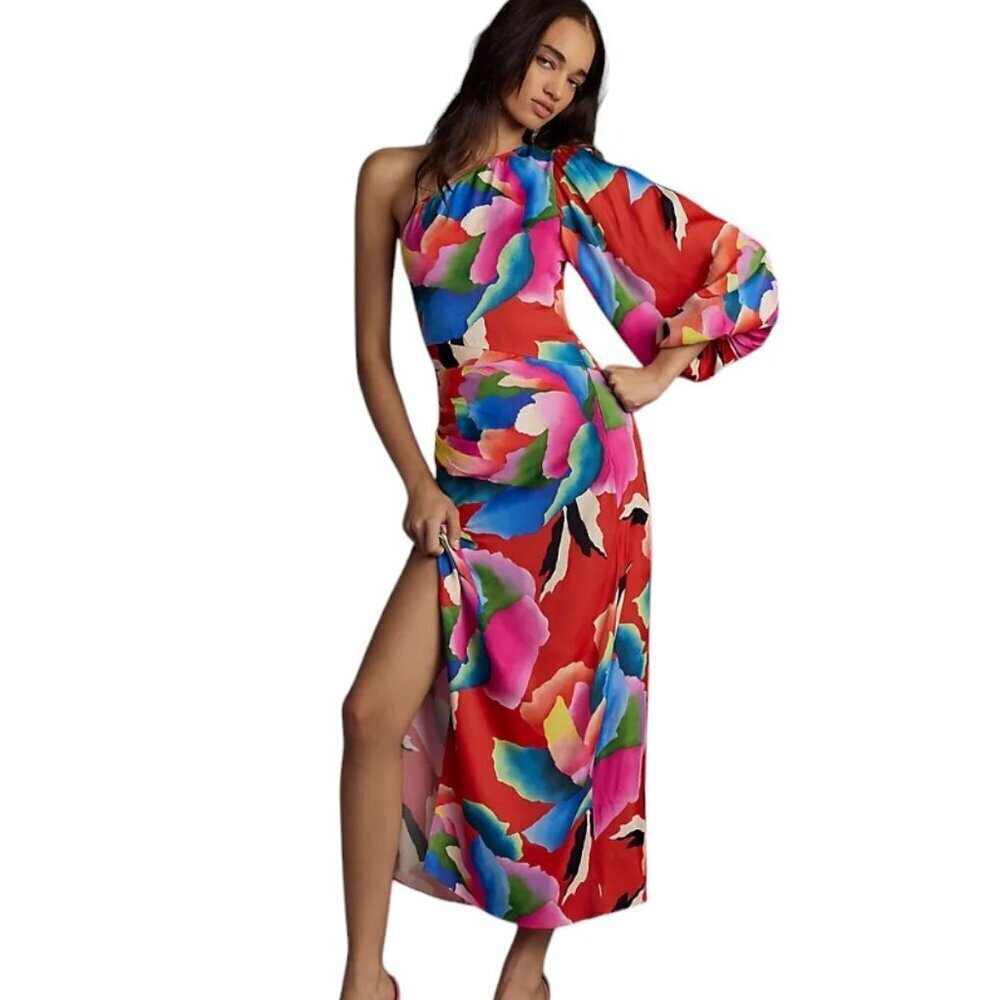 Farm Rio x Anthropologie One-Shoulder Slim Floral Midi Dress, Size Small, NWT